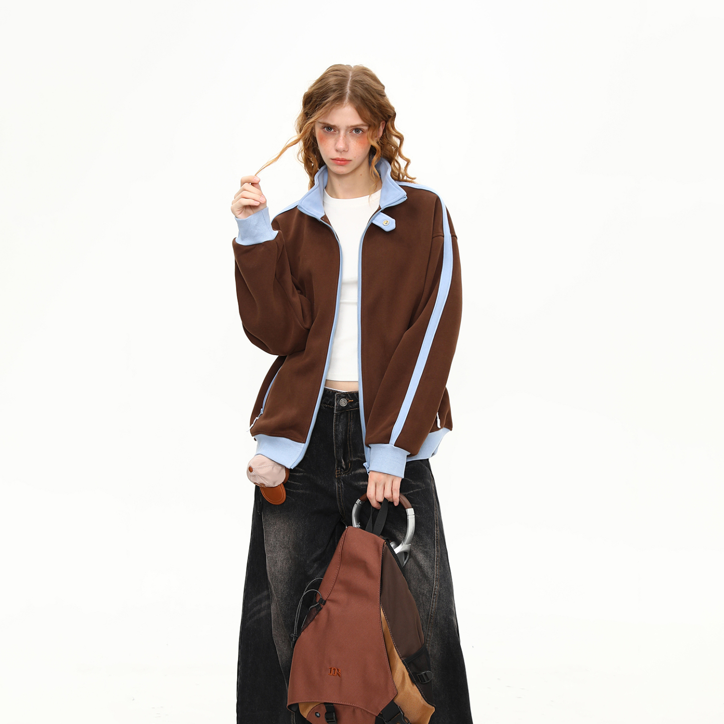 美式復古撞色立領外套女秋季新款拼接設計感衛衣夾克