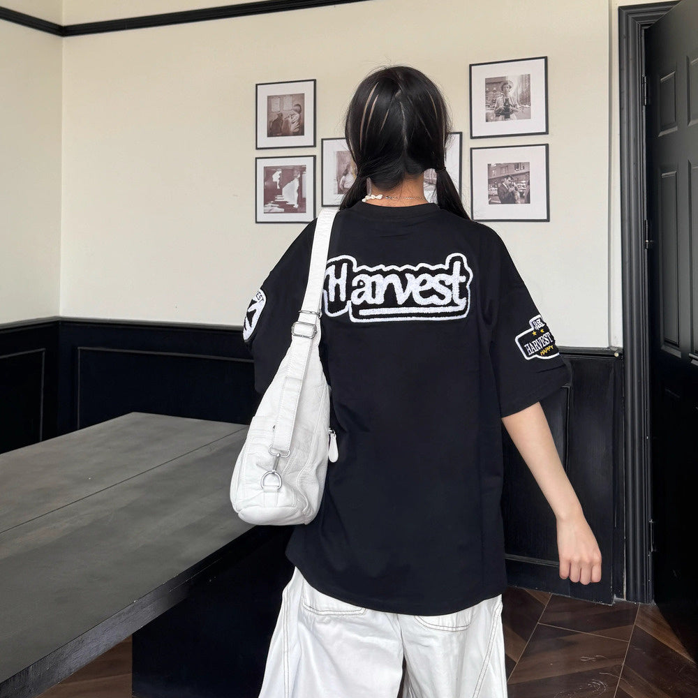 美式復古毛巾繡花短袖女寬鬆夏季新款休閒T恤半袖