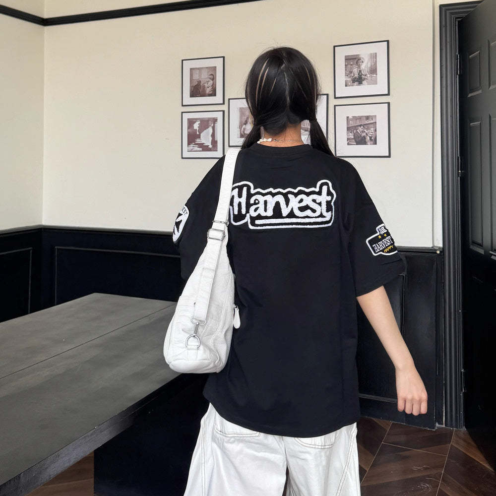 美式復古毛巾繡花短袖女寬鬆夏季新款休閒T恤半袖