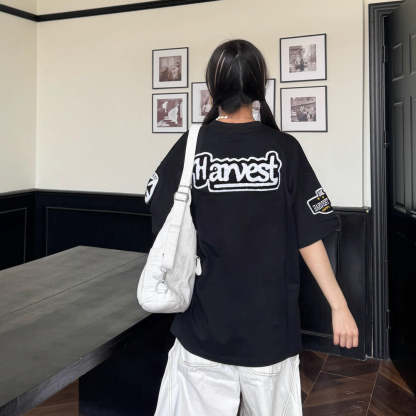 美式復古毛巾繡花短袖女寬鬆夏季新款休閒T恤半袖