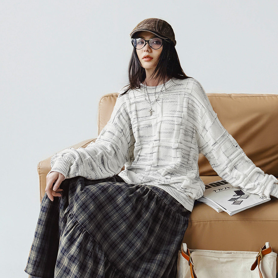 美式復古寬鬆肌理感圓領套頭撞色針織條紋提花內搭毛衣女士春