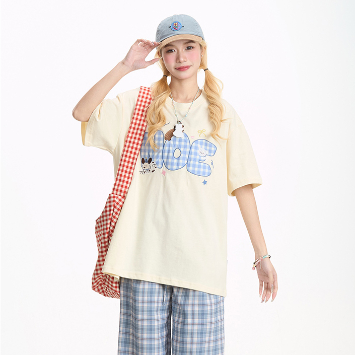 可愛小狗格子刺繡短袖T恤女美式潮牌甜酷寬鬆百搭休閒上衣
