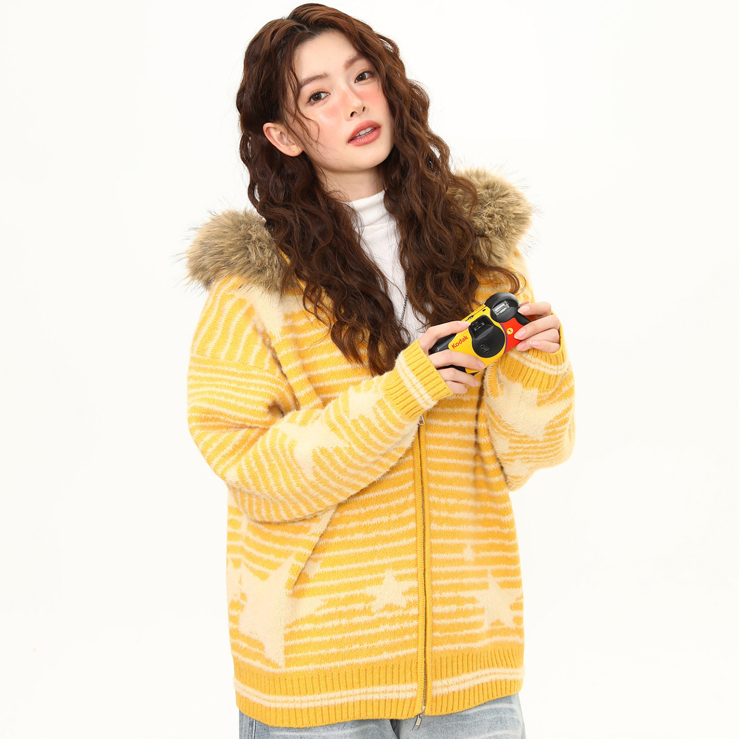 美式復古條紋星星毛領加厚連帽毛衣女秋冬開衫外套保暖