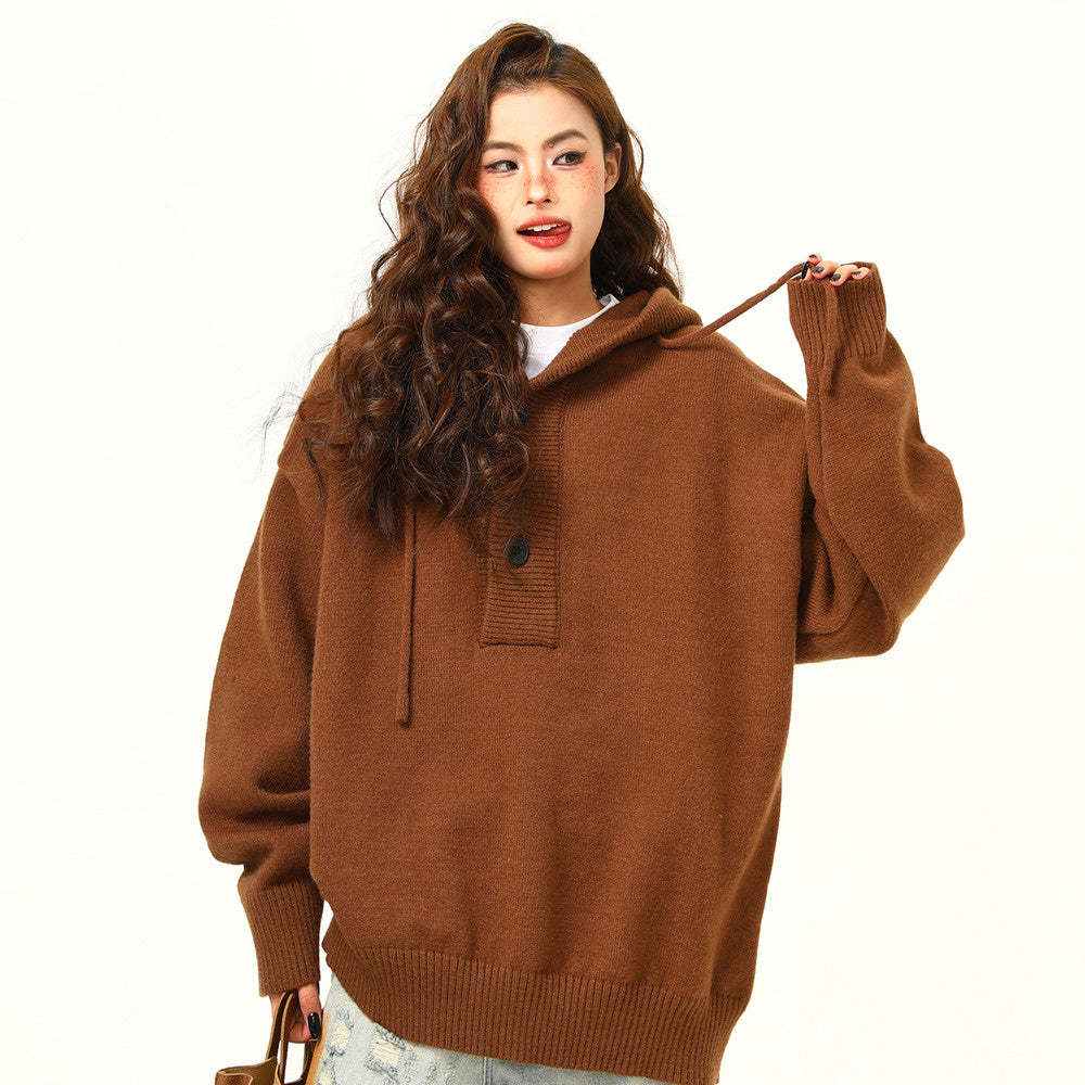 秋冬新品復古高級感灰色連帽毛衣女寬鬆慵懶風針織衫外套