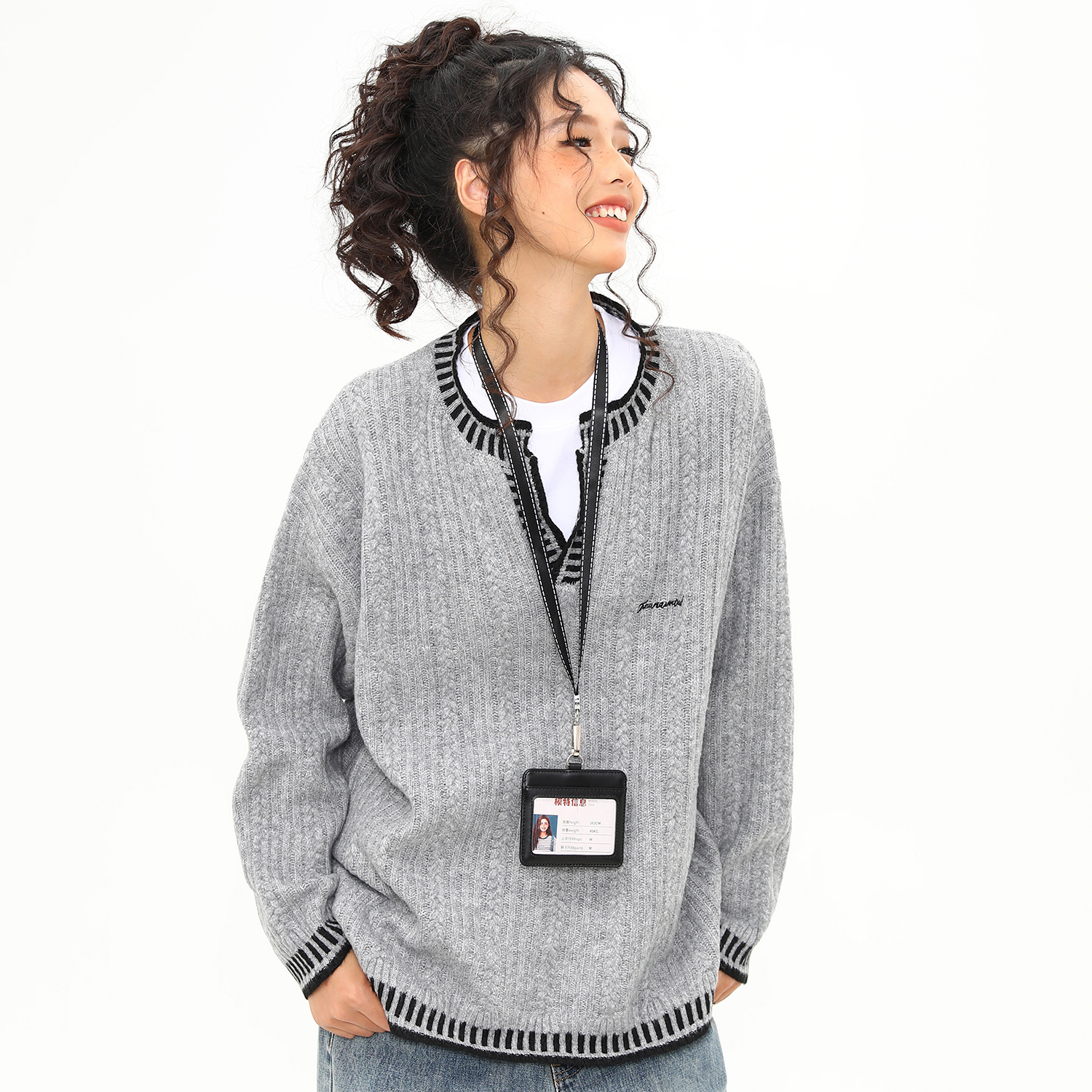 美式復古撞色縫線灰色針織衫毛衣女寬鬆中性慵懶風上衣