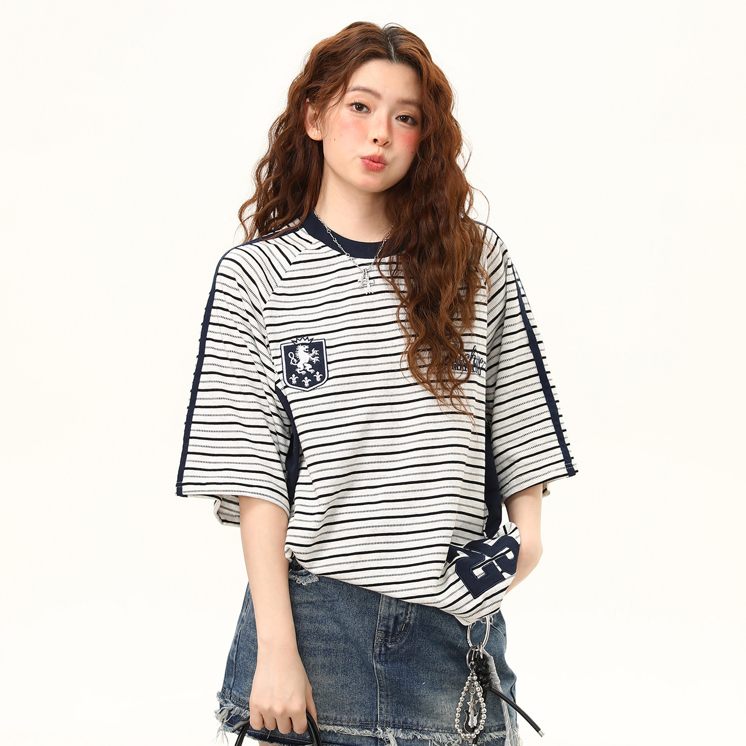 美式復古高級感條紋短袖T恤女夏季學院風寬鬆百搭上衣