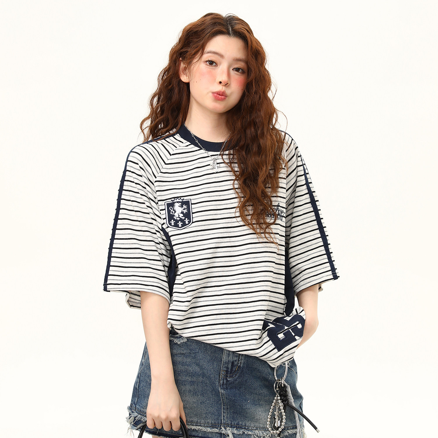 美式復古高級感條紋短袖T恤女夏季學院風寬鬆百搭上衣