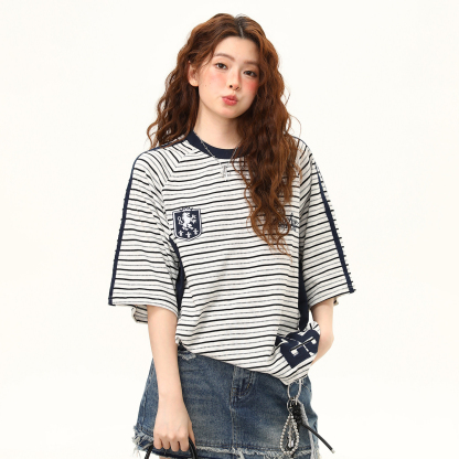 美式復古高級感條紋短袖T恤女夏季學院風寬鬆百搭上衣
