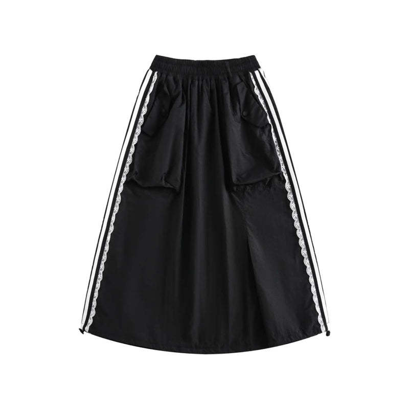 休閒運動套裝女chic條紋拼接蕾絲邊外套小個子韓系寬鬆慵懶半身裙