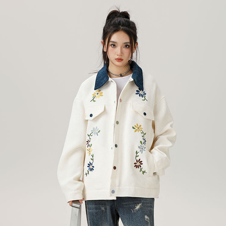 美式復古國潮刺繡夾克外套女工裝巴恩風拼色春秋款棒球服