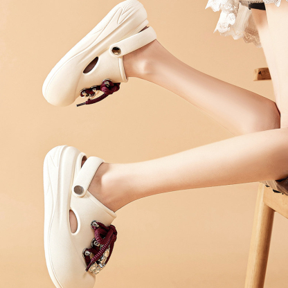 松糕厚底洞洞鞋女夏季新款水鑽蝴蝶結沙灘凉鞋包頭醜萌女拖鞋