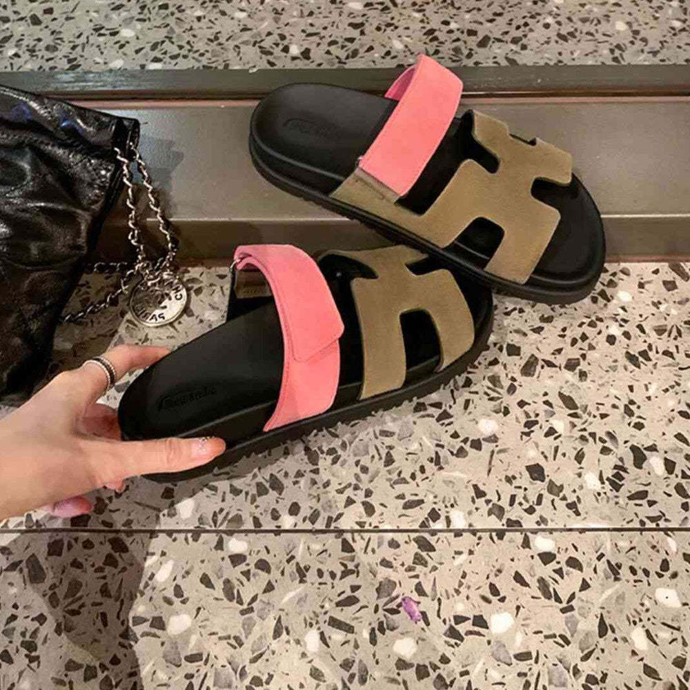 真皮魔術貼休閒厚底H拖鞋女涼拖外穿夏