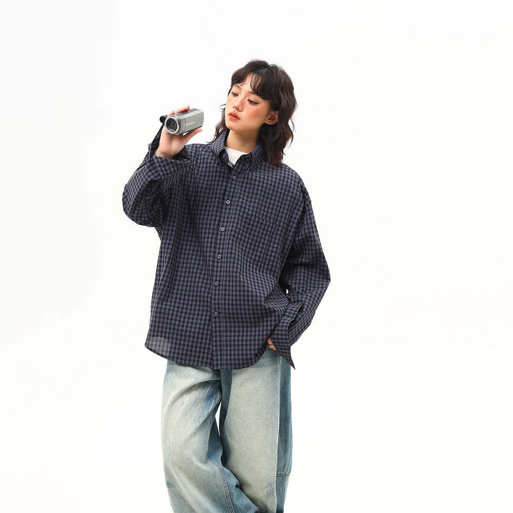 美式復古高級感藍色格子襯衫女寬鬆休閒百搭外穿襯衣