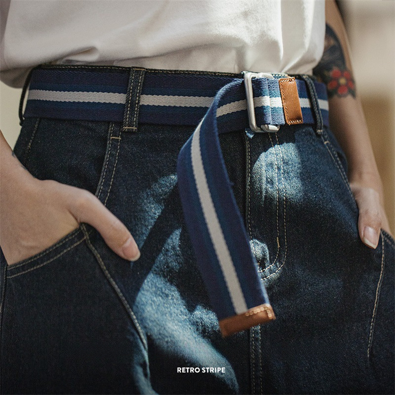 馬登女裝 藍白拼色雙環扣編織腰帶學院風免打孔帆布鬆緊皮帶四季配飾女