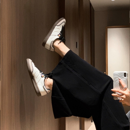 復古拼色手縫線運動休閒鞋板鞋女德訓鞋