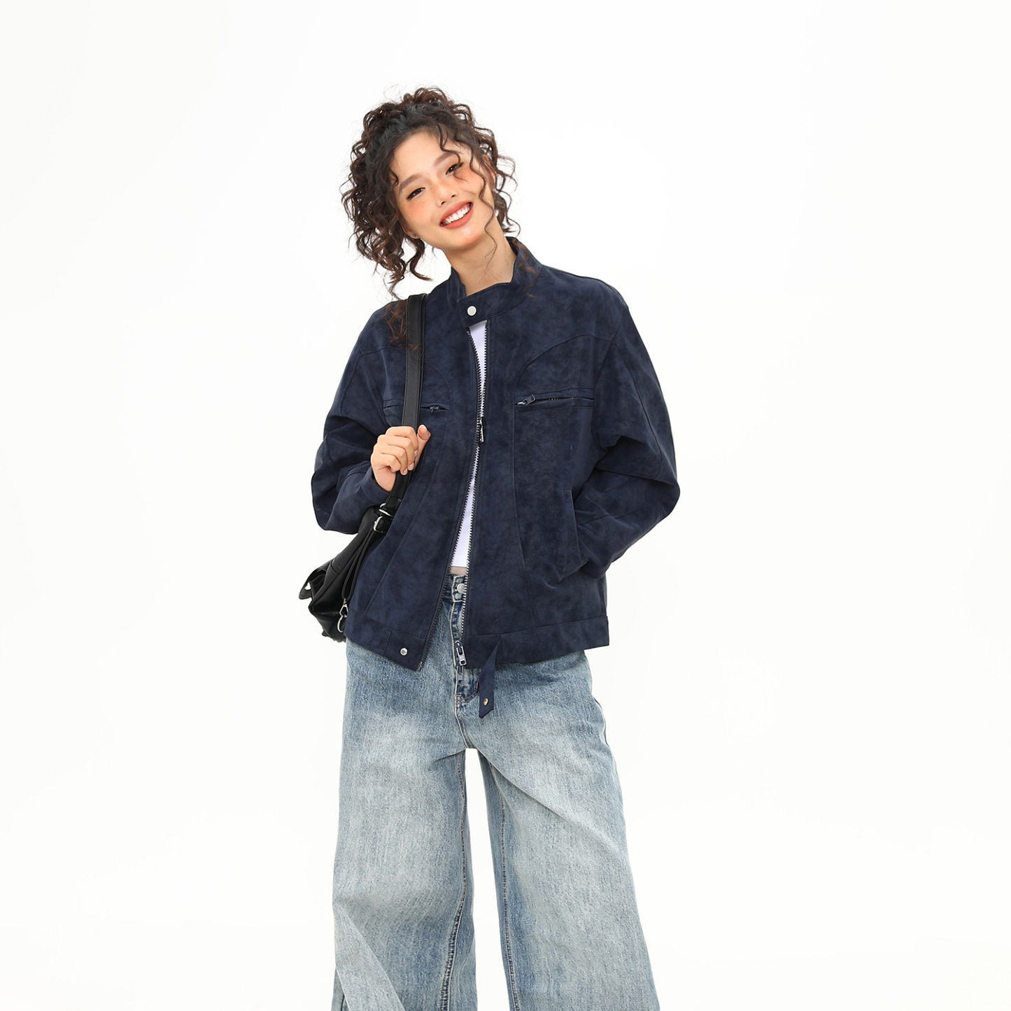 美式街頭潮牌立領PU皮衣外套女秋冬設計感寬鬆機車夾克