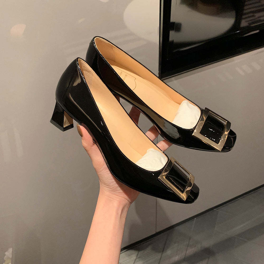 經典方扣小方頭淺口高跟鞋女夏粗跟平底通勤單鞋