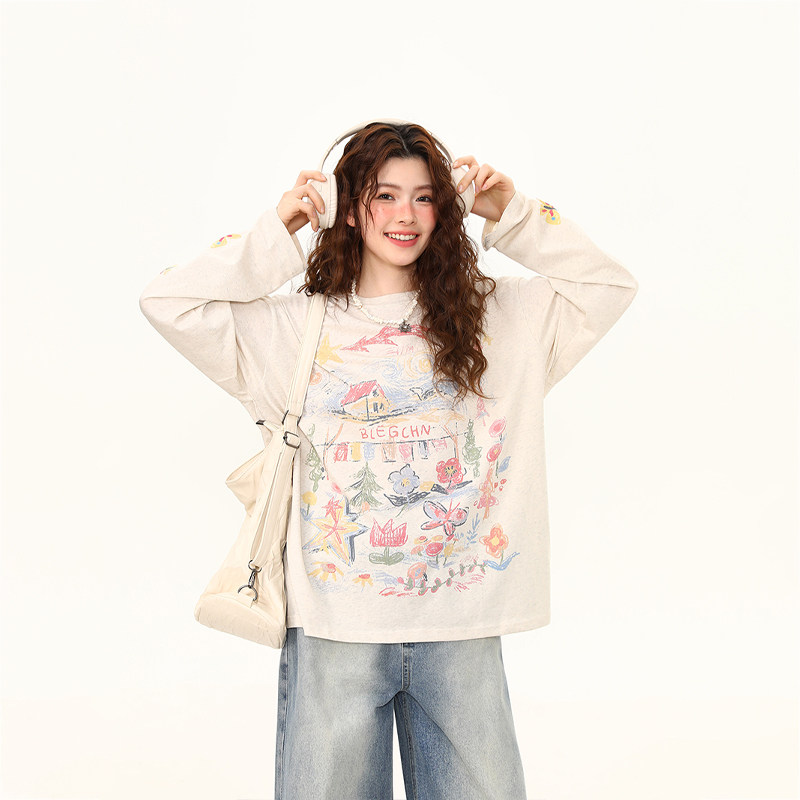 美式復古塗鴉印花長袖T恤女春夏寬鬆慵懶風防曬罩衫上衣