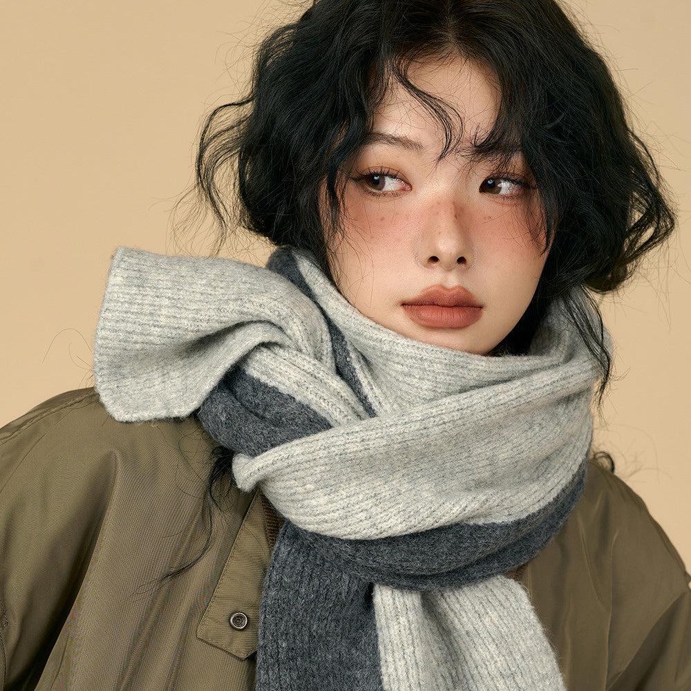 含羊毛拼色圍巾女冬季復古深灰色保暖加厚針織毛線高級感圍脖