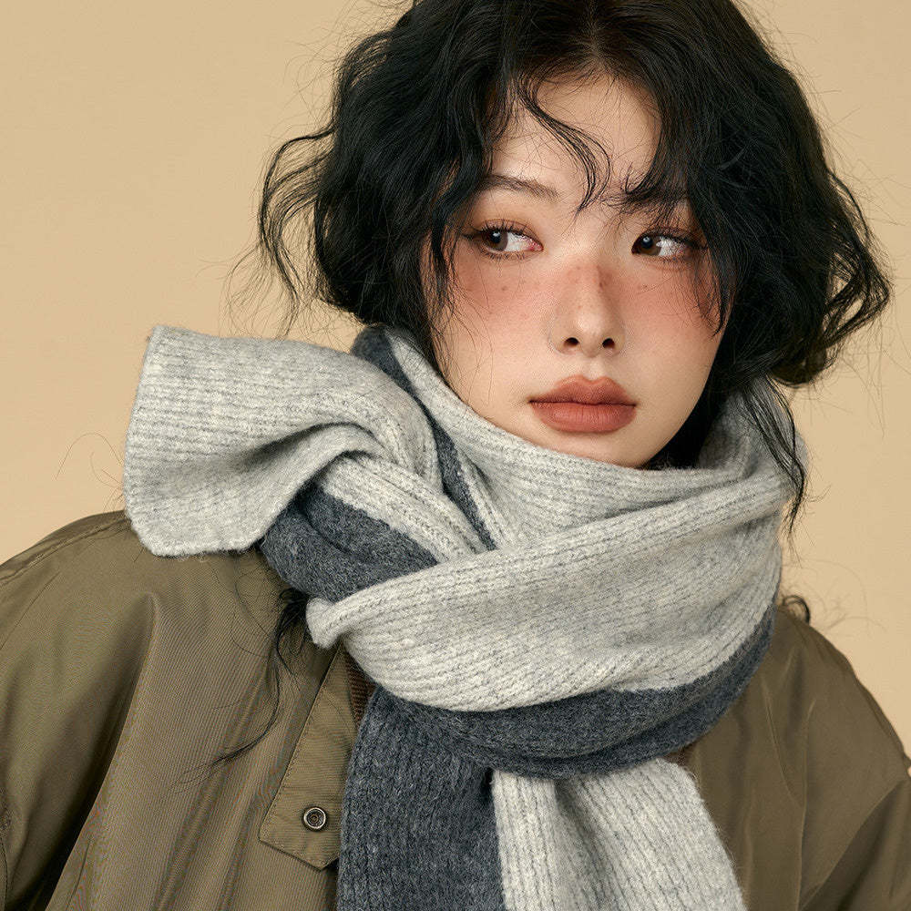 含羊毛拼色圍巾女冬季復古深灰色保暖加厚針織毛線高級感圍脖