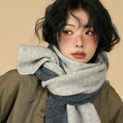 含羊毛拼色圍巾女冬季復古深灰色保暖加厚針織毛線高級感圍脖