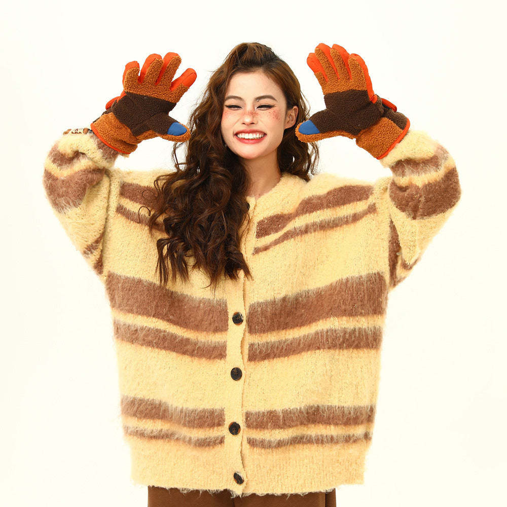 美式復古軟糯仿貂毛針織衫外套女秋冬條紋慵懶寬鬆外套