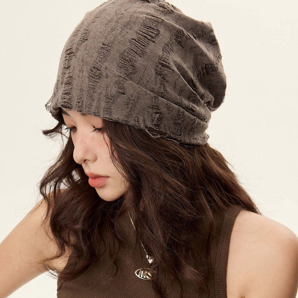 美式復古破洞做舊堆堆帽女咖啡色顯臉小棕色街頭休閒包頭巾冷帽子