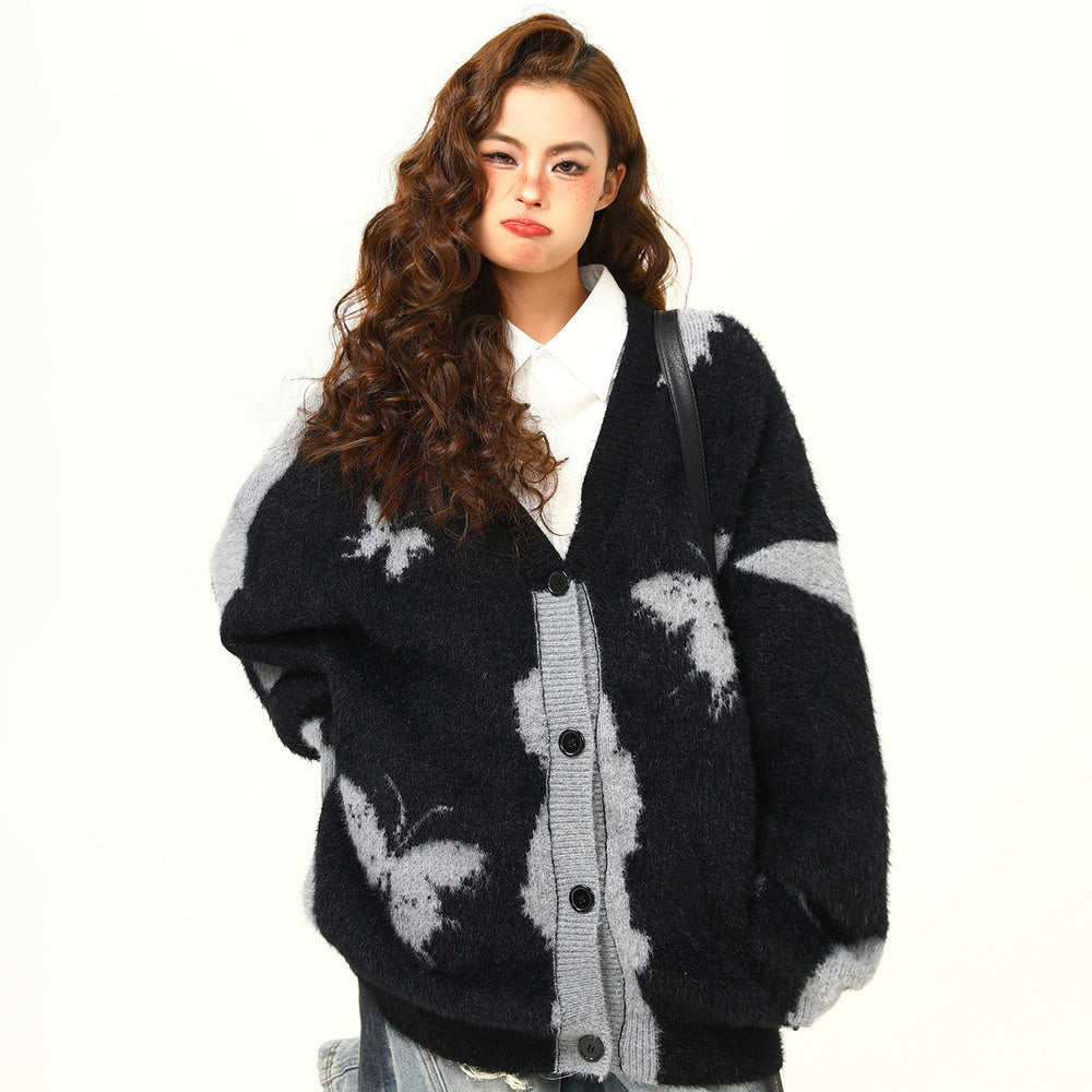 美式復古設計感蝴蝶針織開衫毛衣女秋冬慵懶寬鬆外套