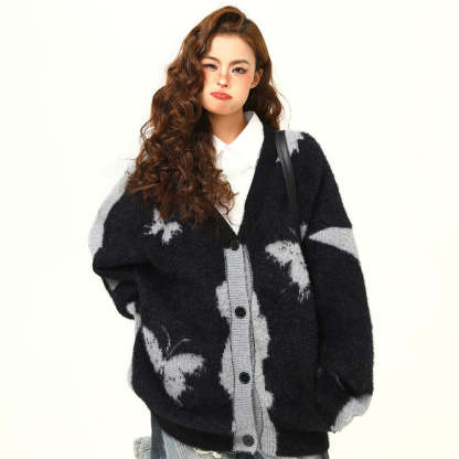 美式復古設計感蝴蝶針織開衫毛衣女秋冬慵懶寬鬆外套