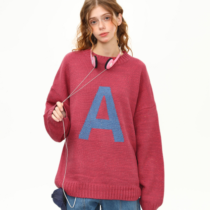 美式復古字母學院風針織衫毛衣女秋冬圓領套頭慵懶風上衣