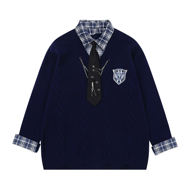 美式復古格子拼接假兩件針織衫毛衣女春秋學院風上衣
