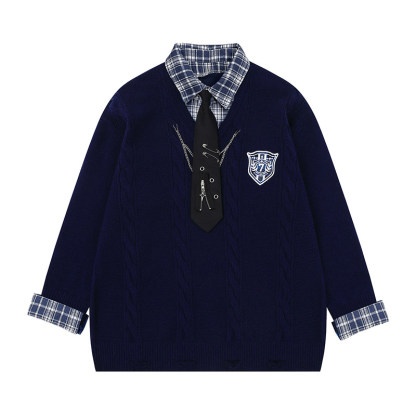 美式復古格子拼接假兩件針織衫毛衣女春秋學院風上衣