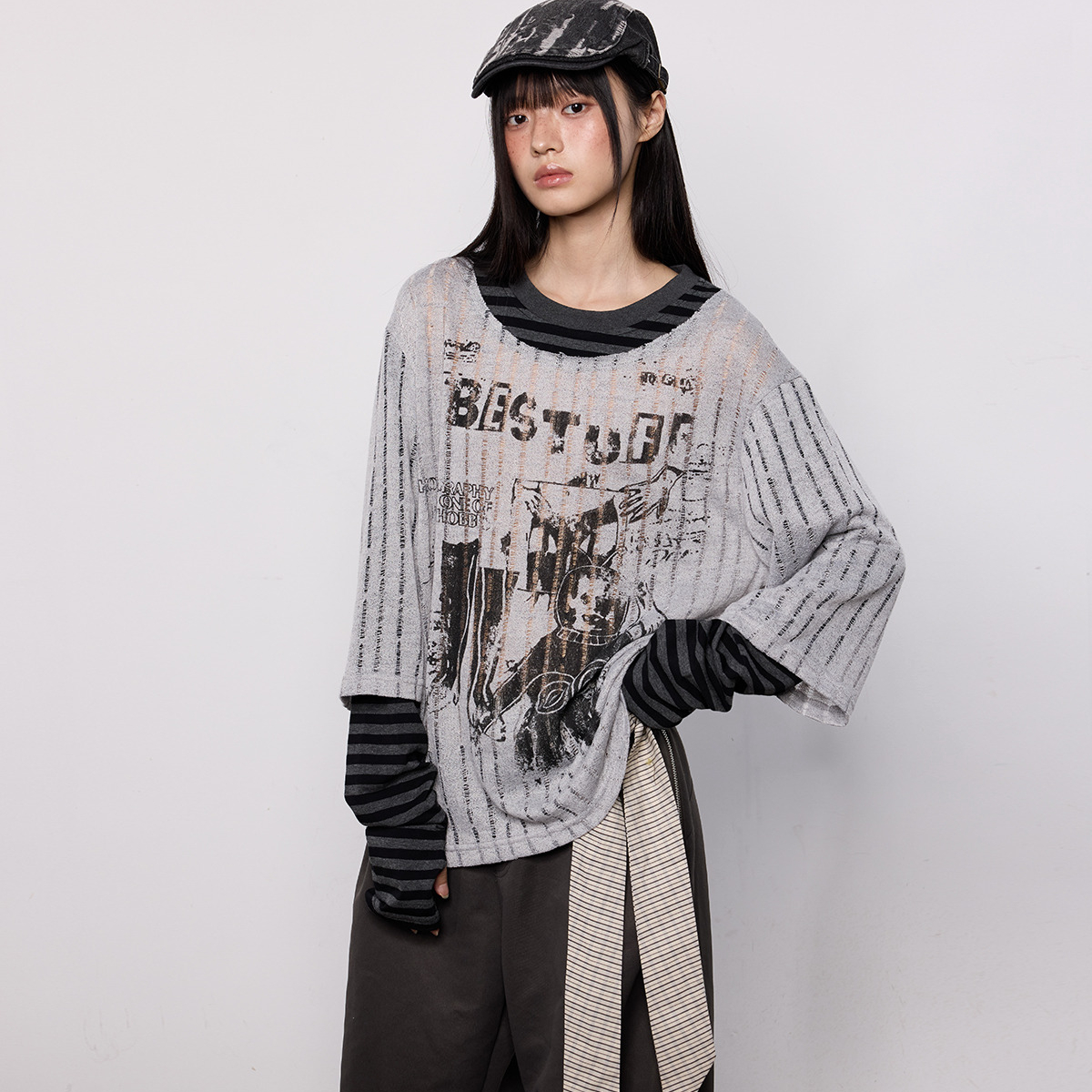 美式印花長袖罩衫T恤女夏季防曬透氣假兩件輕薄寬鬆休閒上衣