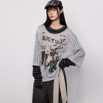 美式印花長袖罩衫T恤女夏季防曬透氣假兩件輕薄寬鬆休閒上衣