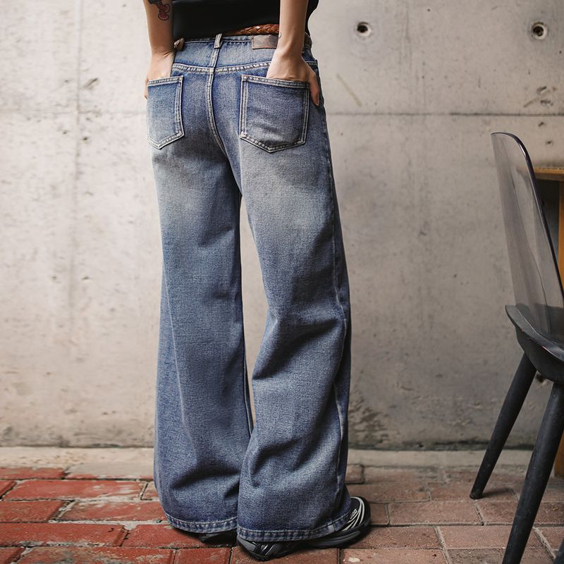 cleanfit重洗水破洞牛仔褲工裝折痕直筒褲遮胯拖地長褲春季女