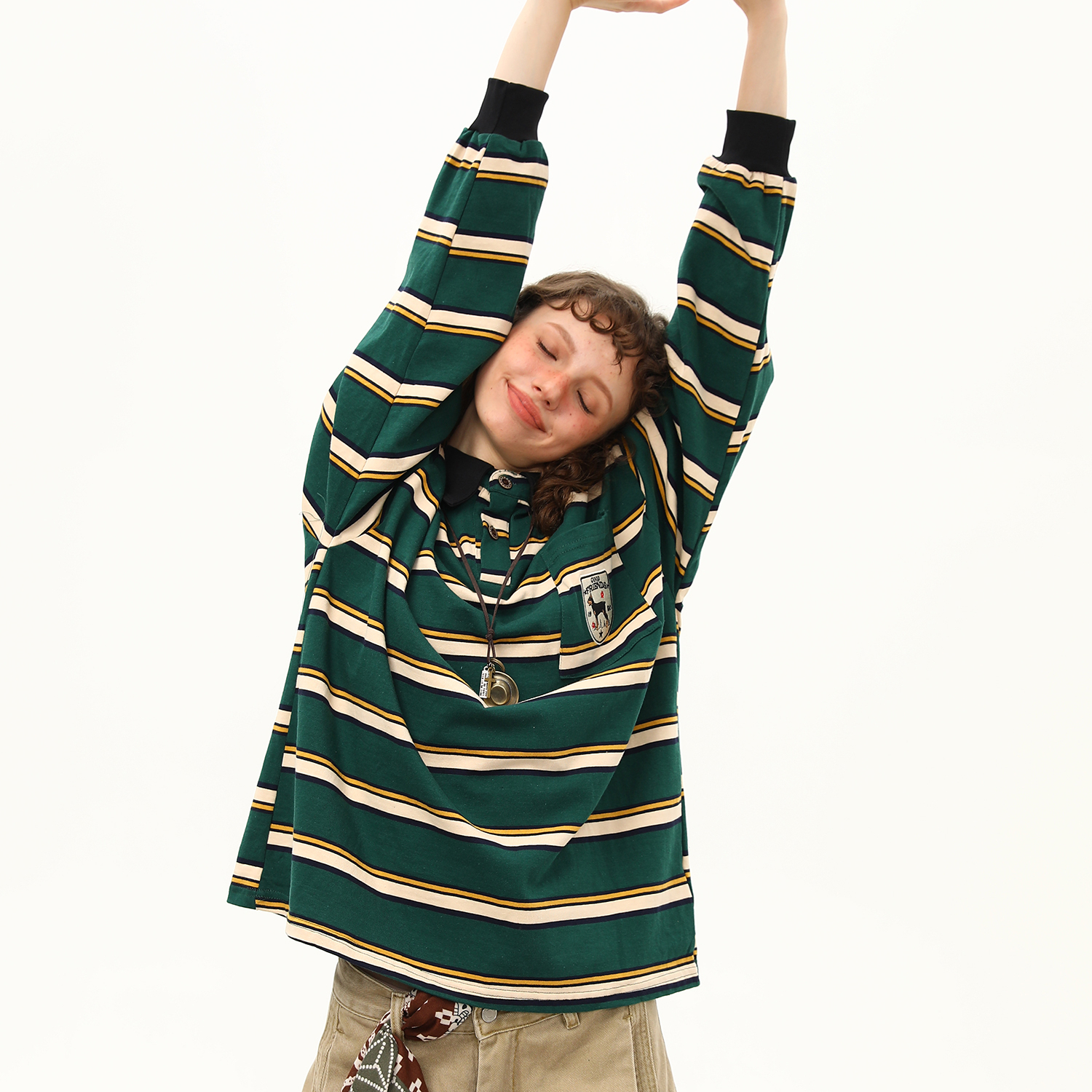 美式復古學院風條紋長袖T恤女秋季polo衫翻領寬鬆上衣