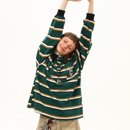 美式復古學院風條紋長袖T恤女秋季polo衫翻領寬鬆上衣