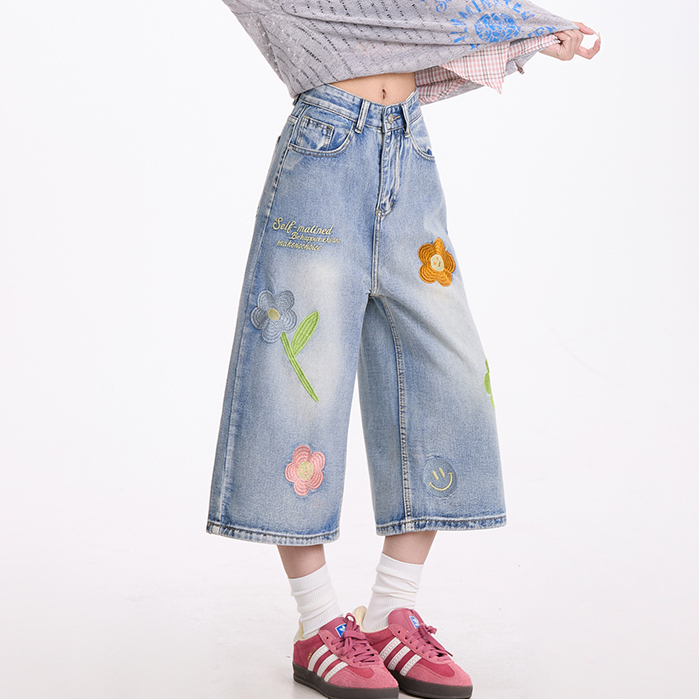 花朵刺繡藍色牛仔七分褲女美式復古慵懶小眾直筒夏季短褲