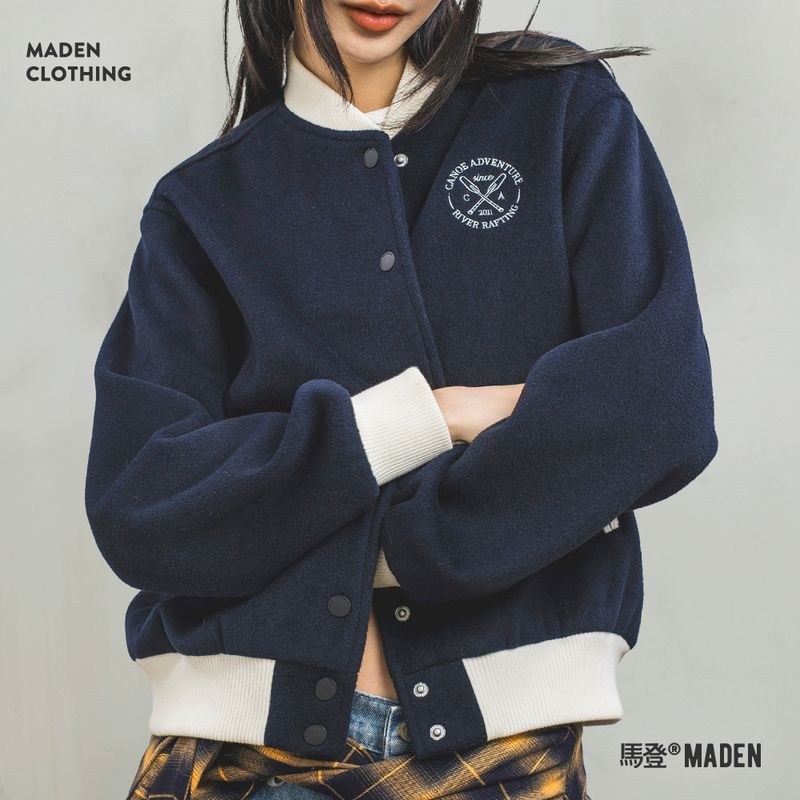 馬登女裝 美式學院風棒球服夾克復古撞色刺繡外套百搭毛呢短上衣春秋女