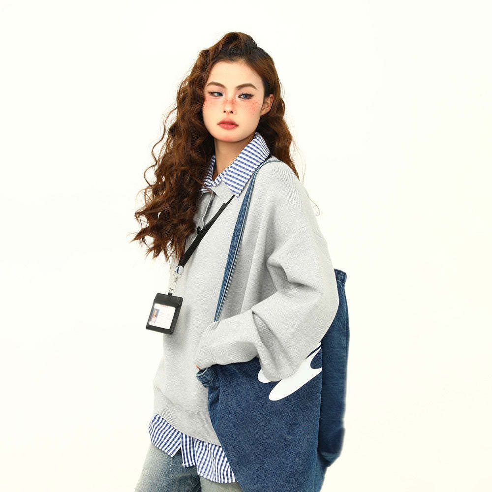 美式復古高級感假兩件翻領學院風毛衣女秋冬百搭針織衫