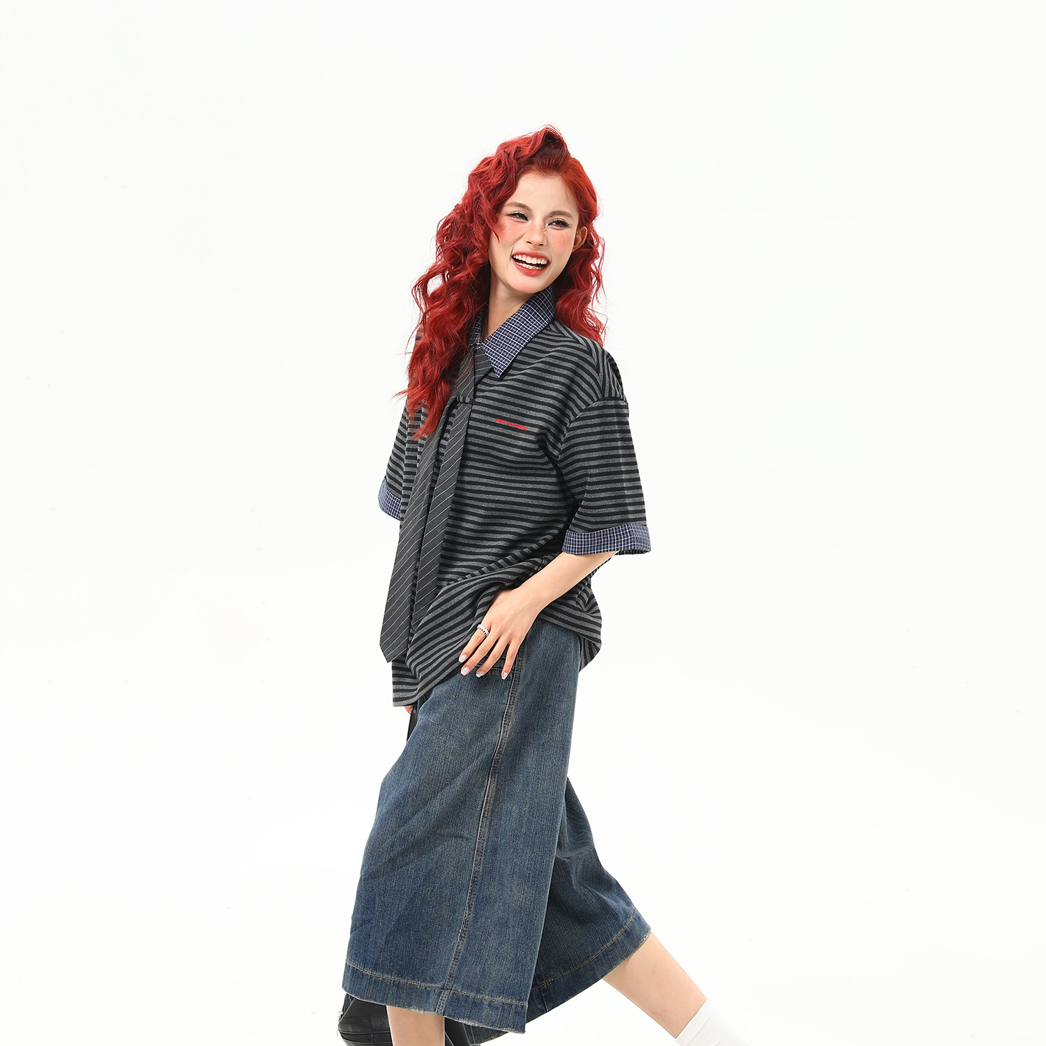 重磅高級感黑灰條紋短袖T恤女格子翻領美式復古上衣