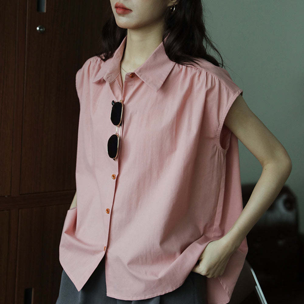 無袖簡約復古設計感短袖襯衫女寬鬆百搭通勤時尚百搭襯衣上衣