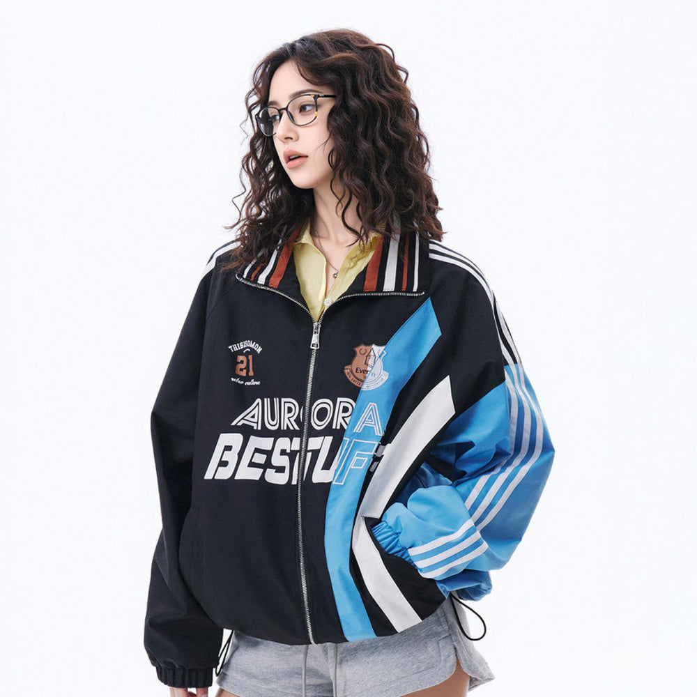 復古拼色運動外套女春季2025新款美式印花夾克寬鬆條紋設計感上衣