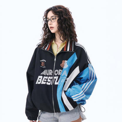 復古拼色運動外套女春季2025新款美式印花夾克寬鬆條紋設計感上衣