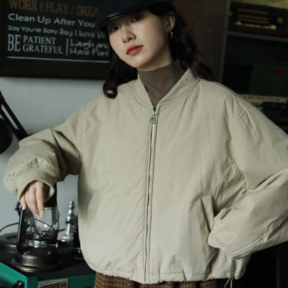 短款復古加厚寬鬆棉衣棉服外套女秋冬顯瘦拉鍊簡約小個子圓領上衣