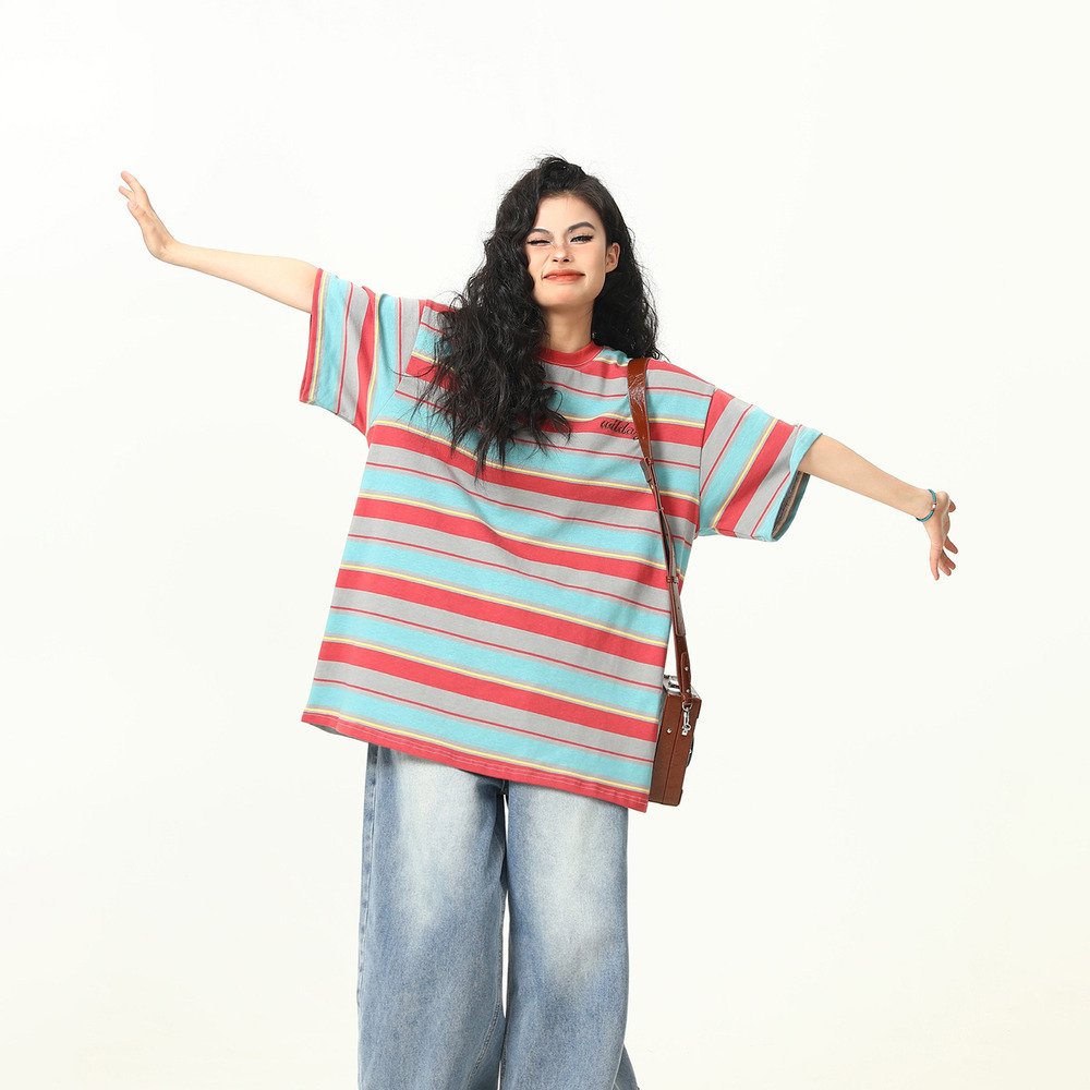 美式復古280克條紋短袖T恤女彩色氛圍感夏季寬鬆半袖