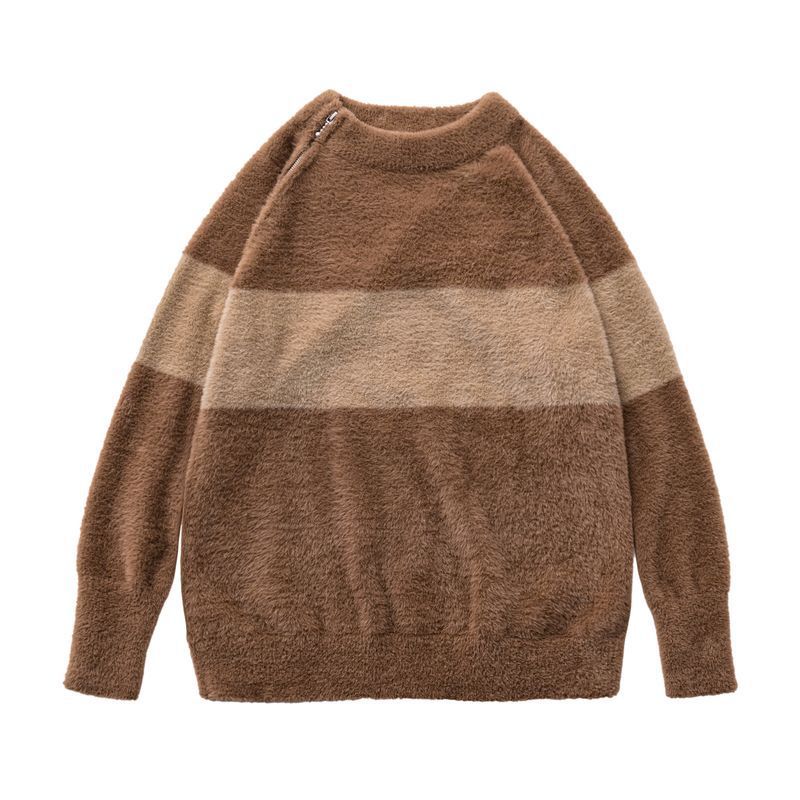 馬登女裝 美式拼色仿水貂絨毛衣寬鬆慵懶毛茸茸針織衫套頭圓領上衣冬女