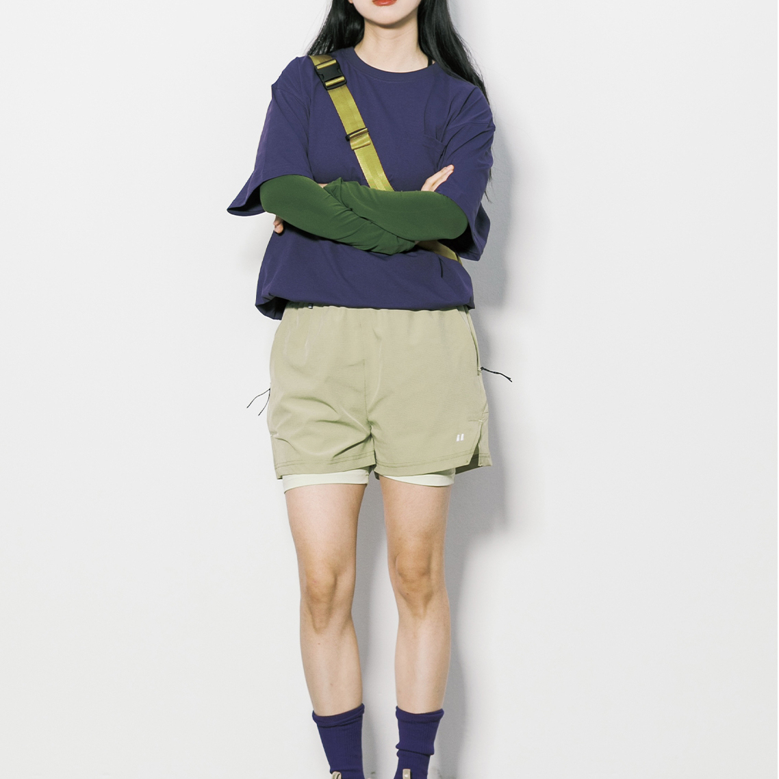 夏季戶外拼色假兩件短褲女寬鬆運動跑步速幹直筒五分休閒褲