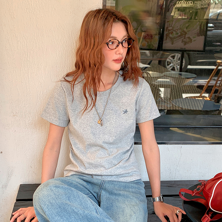 蜻蜓刺繡短袖t恤女新款純棉正肩收腰短款顯瘦甜辣小個子上衣