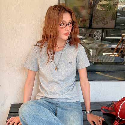 蜻蜓刺繡短袖t恤女新款純棉正肩收腰短款顯瘦甜辣小個子上衣